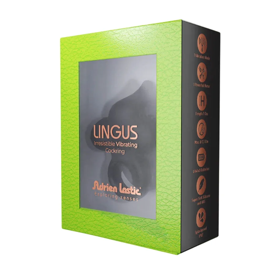 Ерекційне віброкільце Adrien Lastic Lingus Black з язичком і щіточкою для стимуляції клітора