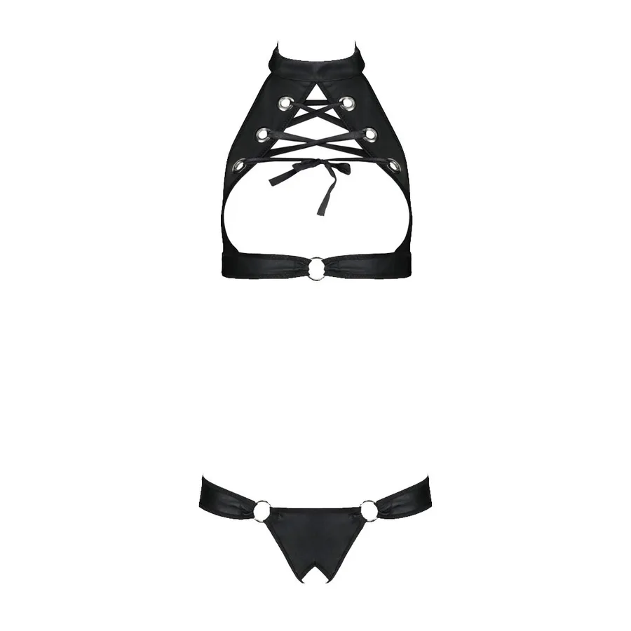Комплект из экокожи Passion MALWIA SET with Open Bra 4XL/5XL black, топ и трусики с люверсами
