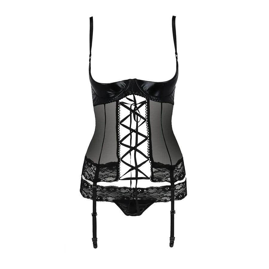 Корсет з відкритими грудьми Passion Exclusive NORTH CORSET XXL/XXXL, black, пажі, трусики, шнурівка
