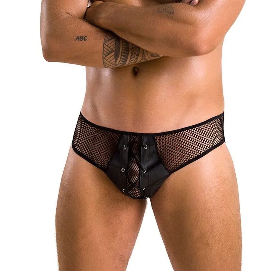 Мужские трусы со шнуровкой Passion 035 SLIP RICHARD S/M Black, экокожа, сетка