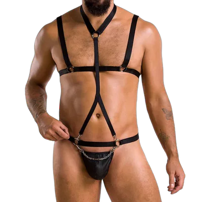 Комплект чоловічої білизни зі стреп Passion 039 SET ANDREW L/XL Black, стринги, шлейки