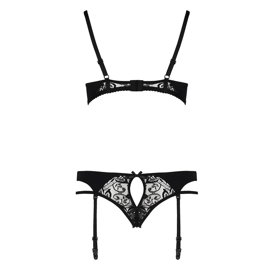 Комплект белья Passion PAULINE SET S/M, black, стрэпы, лиф, стринги и пояс для чулок