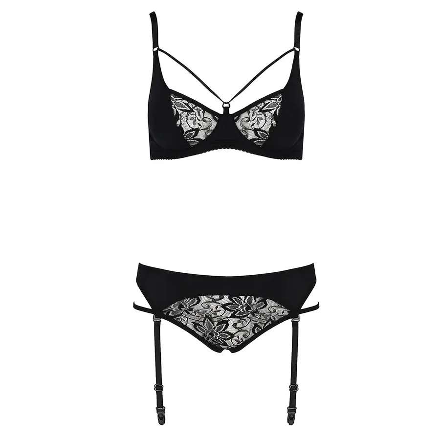 Комплект белья Passion PAULINE SET S/M, black, стрэпы, лиф, стринги и пояс для чулок