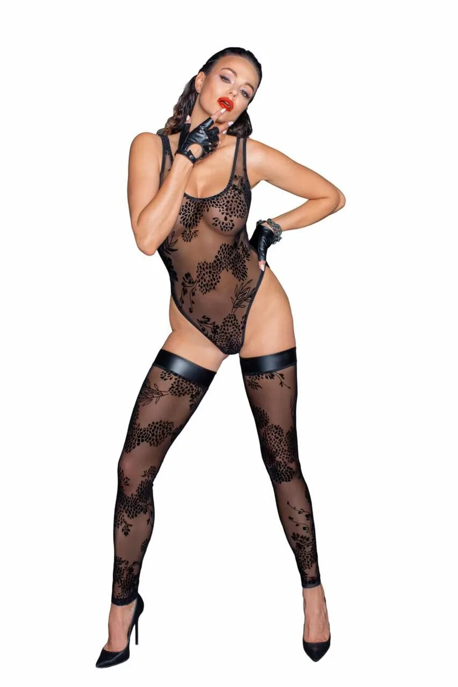 Боди Noir Handmade F242 Tulle body with patterned flock embroidery, XL