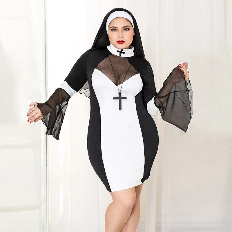 Эротический костюм монашки JSY «Грешница Лола» Plus Size Black, платье, крест, апостольник