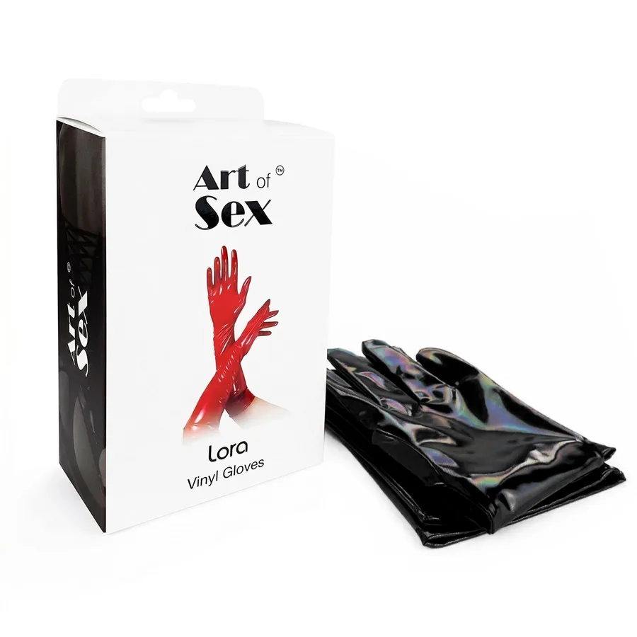 Глянсові вінілові рукавички Art of Sex - Lora, розмір M, колір чорний з ефектом голограми