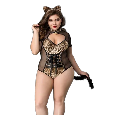 Еротичний костюм кішечки JSY «Імператриця Кітті» Plus Size, Black, боді, шнурівка, хвіст, вушка