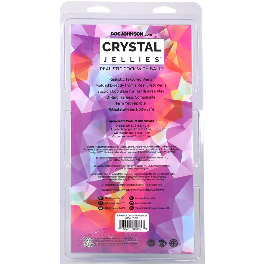 Фаллоимитатор Doc Johnson Crystal Jellies - 8 Inch Realistic Cock with Balls- Teal
