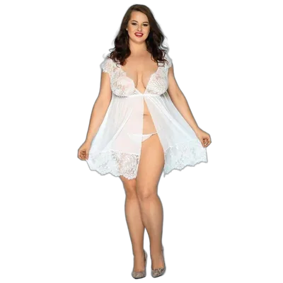 Сексуальний пеньюар JSY «Чуттєва Люсі» Plus Size, White, мереживо, дрібна сітка, стрінги