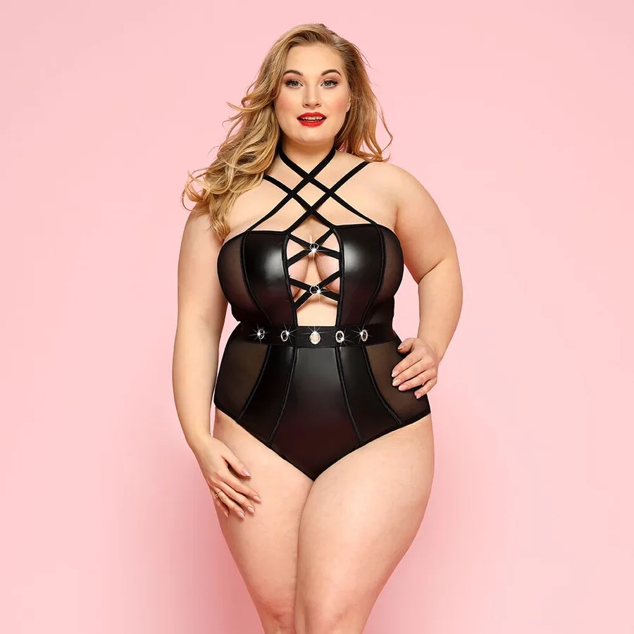 Сексуальное боди JSY «Страстная Лорейн» Plus Size Black, люверсы, стрепы, экокожа, шнуровка
