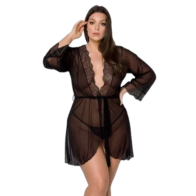 Пеньюар Passion AMBERLY PEIGNOIR 6XL/7XL, black, ажурні декольте та манжети, широкі рукави
