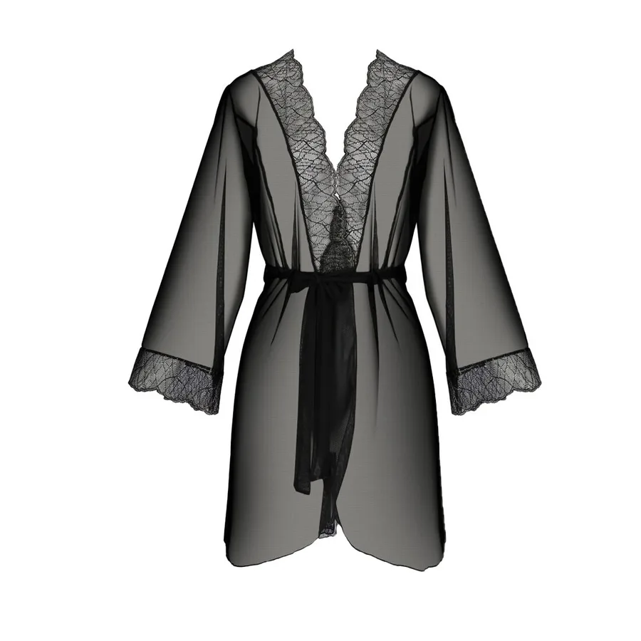 Пеньюар Passion AMBERLY PEIGNOIR 6XL/7XL, black, ажурные декольте и манжеты, широкие рукава