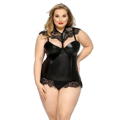 Латексный комплект белья JSY «Страстная Ирис» Plus Size, Black, корсет, стринги, кружево