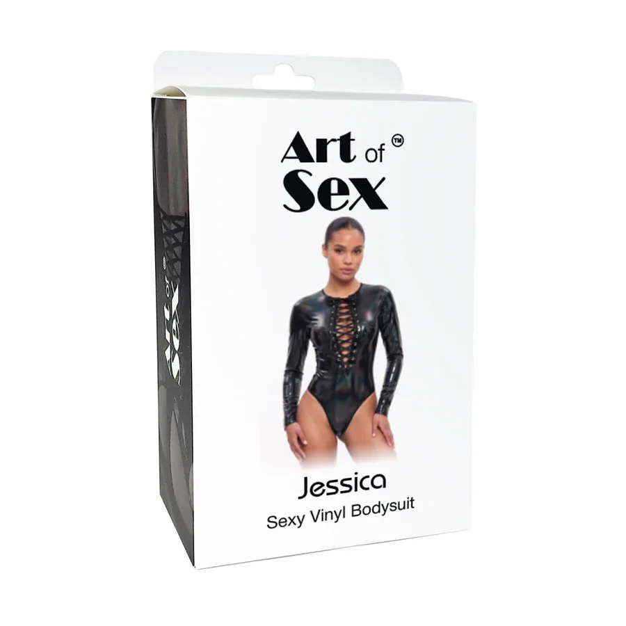 Виниловое боди с рукавами Art of Sex - Jessica, с эффектом мокрого бархата, размер S