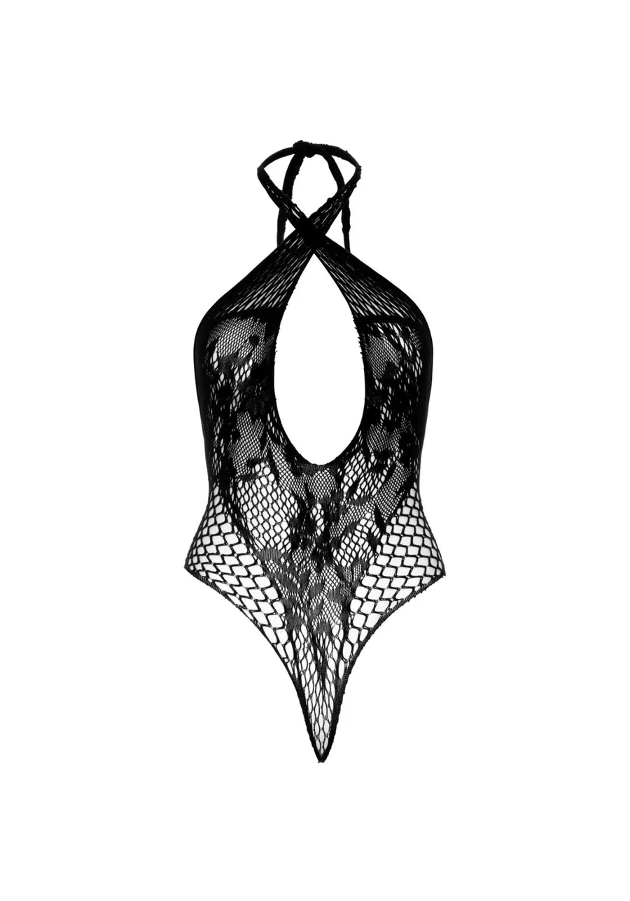 Мереживне тедді Leg Avenue Lace and net halter teddy One size Black, глибокий виріз, халтер