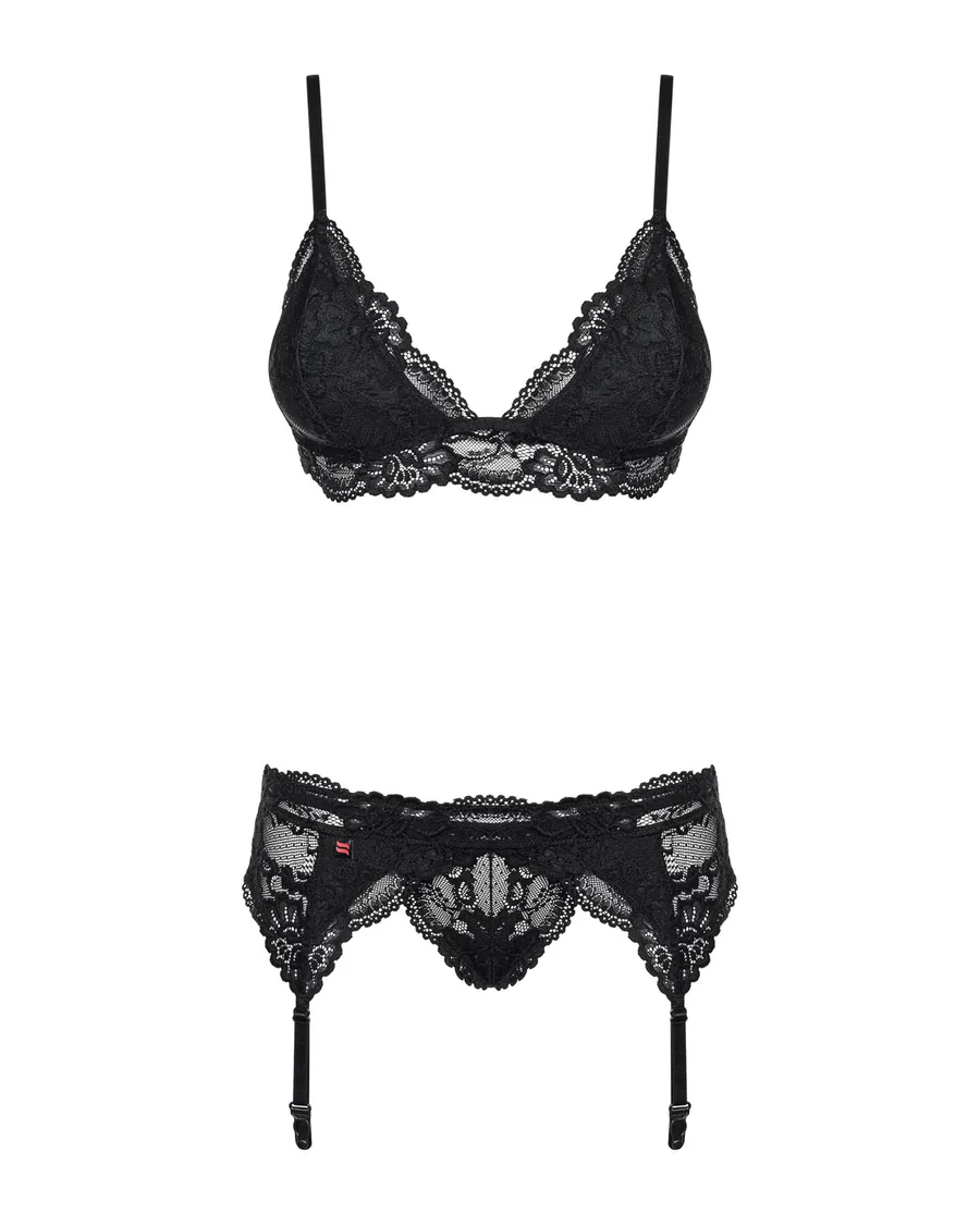 Кружевной комплект белья Obsessive 810-SEG-1 L/XL Black, бюстгальтер, стринги, пояс для чулок