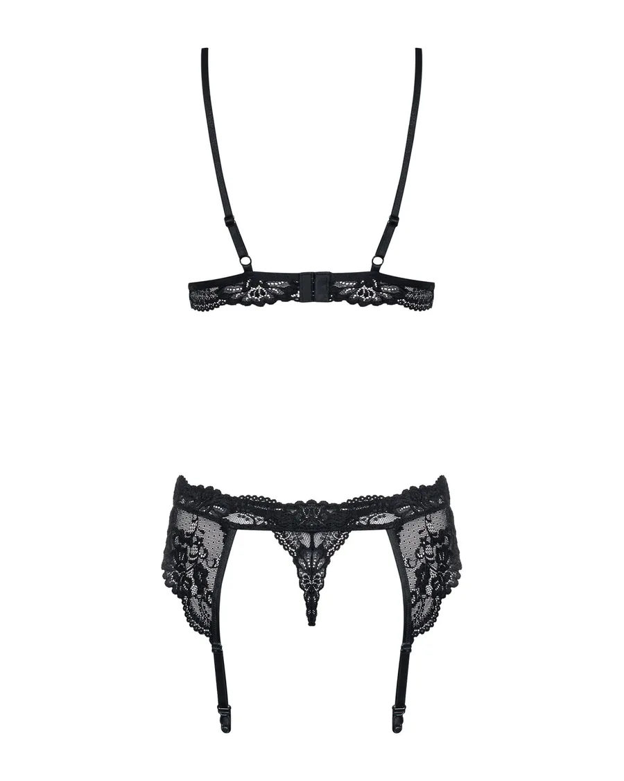 Кружевной комплект белья Obsessive 810-SEG-1 L/XL Black, бюстгальтер, стринги, пояс для чулок