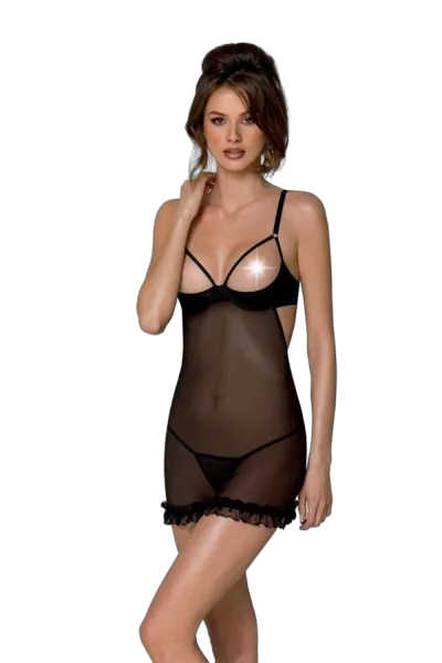 Эротический пеньюар Passion MARINA CHEMISE, S/M, black