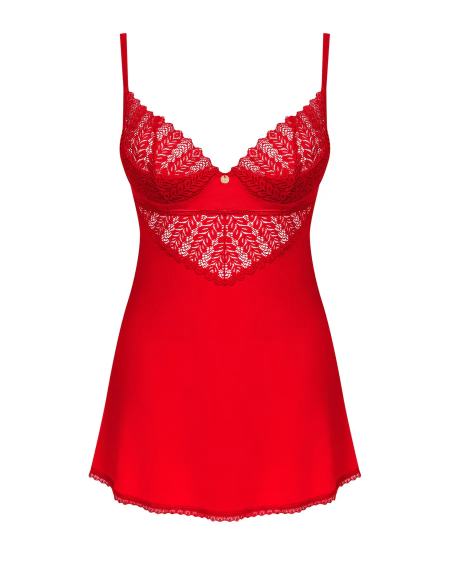 Пеньюар Obsessive Ingridia chemise & thong XS/S, красный, сорочка, стринги