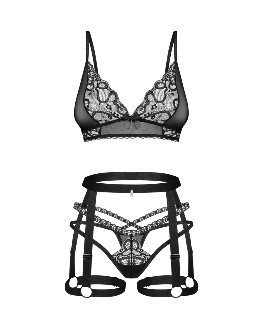 Комплект Obsessive Blomentis 3-pcs set, M/L, м’який ліф, стрінги зі стрепами, пояс із гартерами