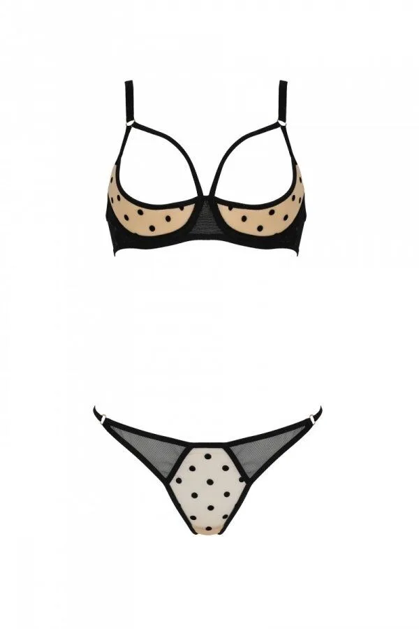 Эротический комплект Passion MARINA SET WITH OPEN BRA, XXL/XXXL, beige, открытые чашки