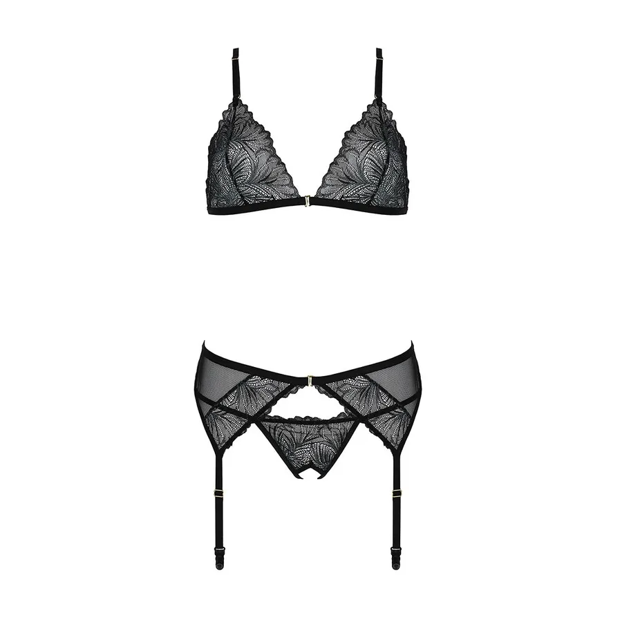 Комплект с открытым доступом Passion DELIENA SET S/M black, лиф, стринги, пояс для чулок