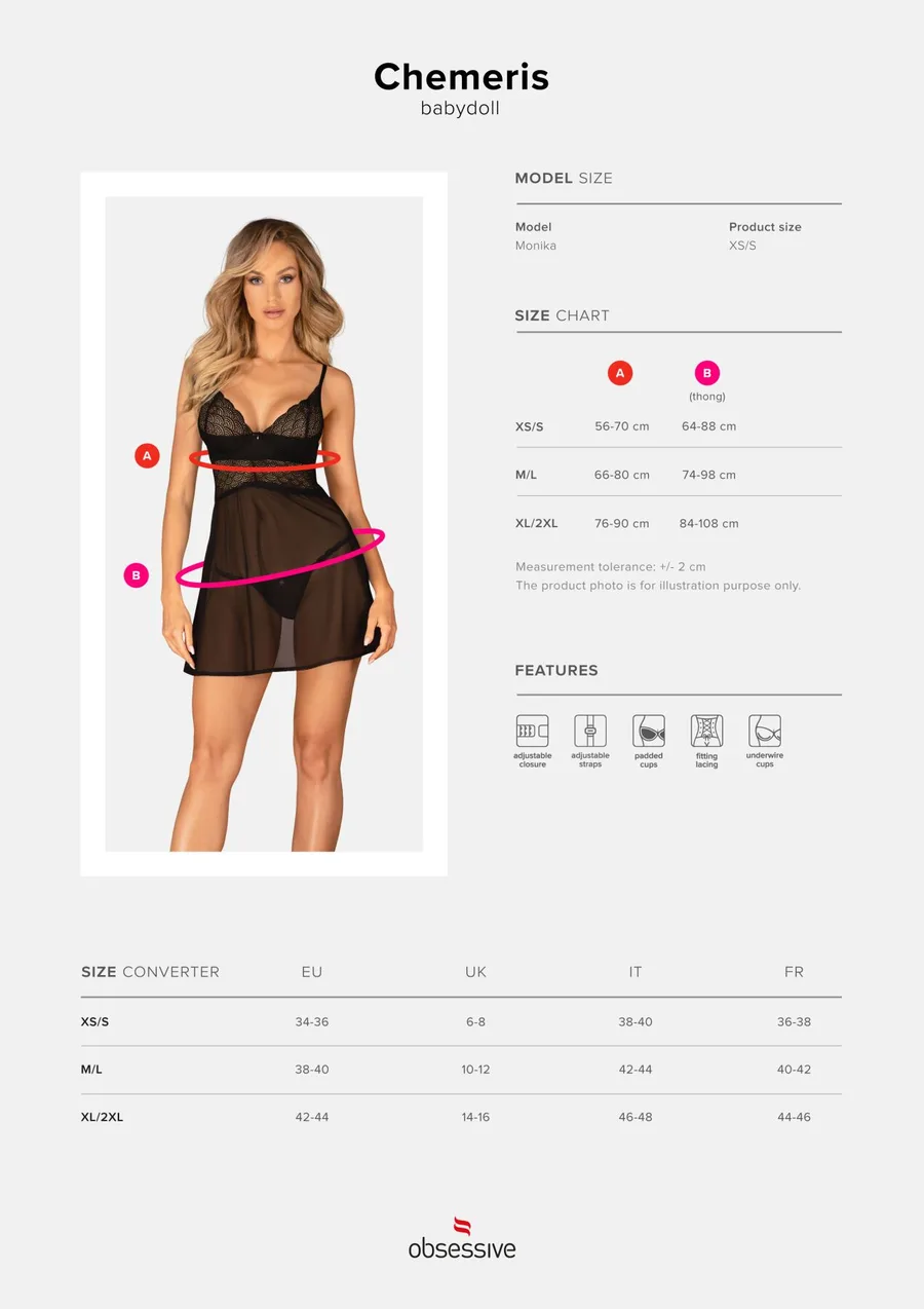 Эротический комплект Obsessive Chemeris babydoll & thong XL/2XL, пеньюар и стринги