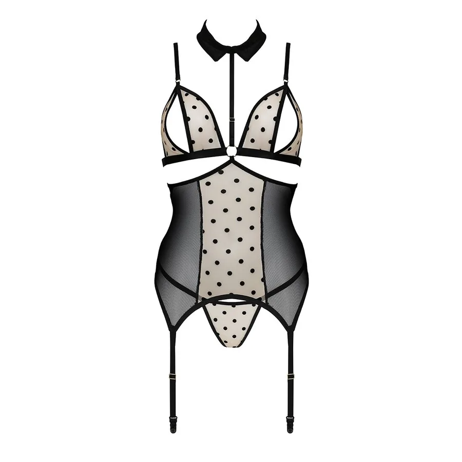 Корсет с открытой грудью Passion DOMINICA CORSET S/M beige, пажи для чулок, стринги