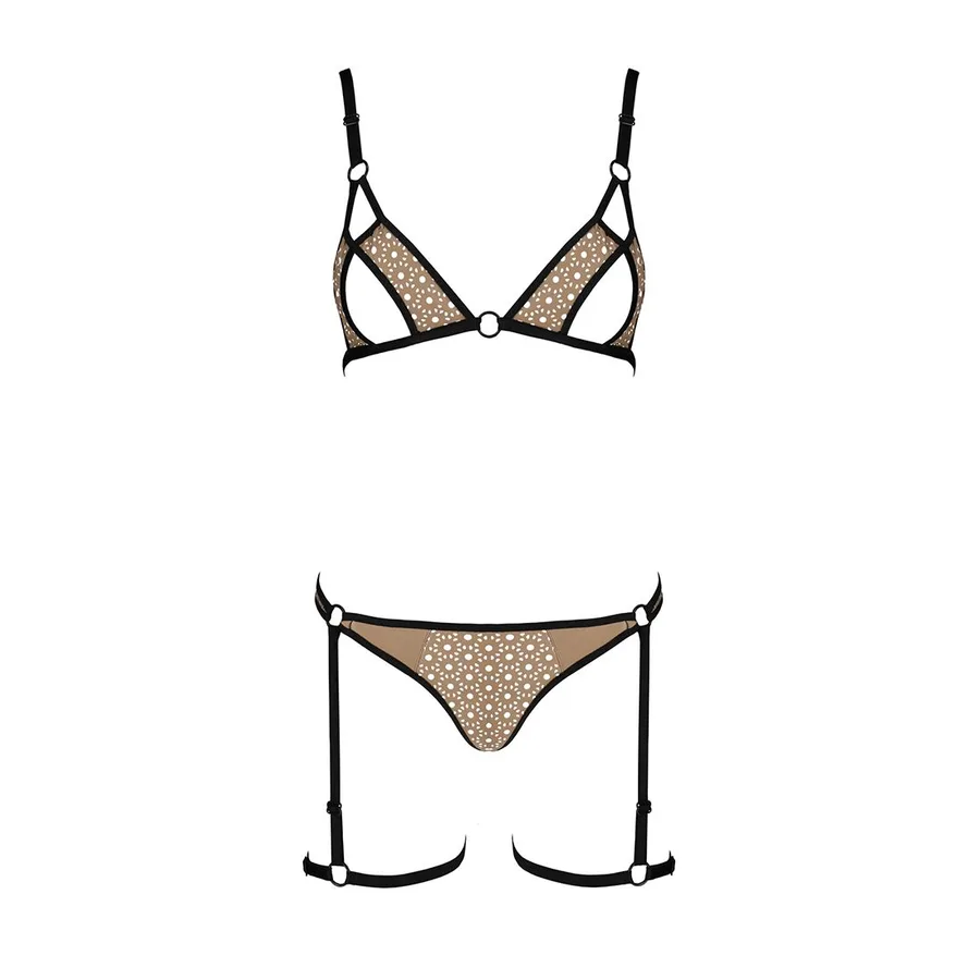 Эротический комплект нижнего белья Passion GABI SET XXL/XXXL beige, трусики с гартерами