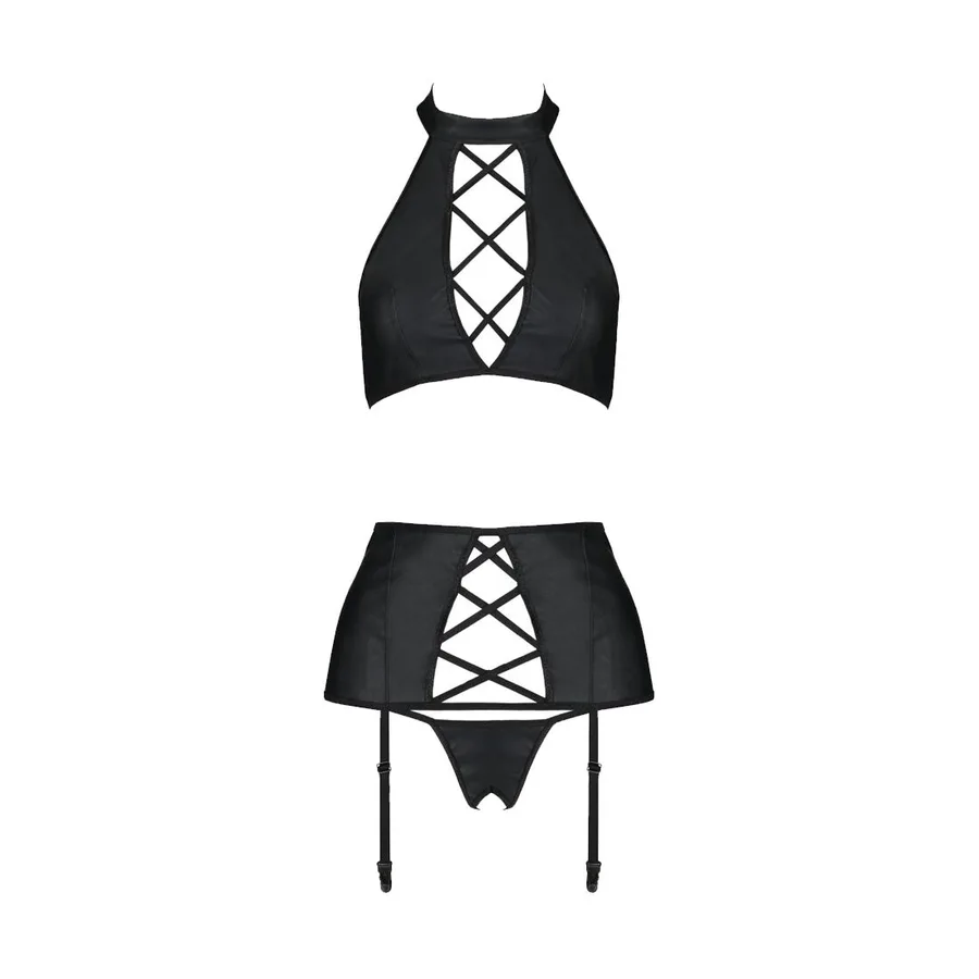 Комплект из экокожи Passion NANCY SET 4XL/5XL black, имитация шнуровки, топ, пояс для чулок