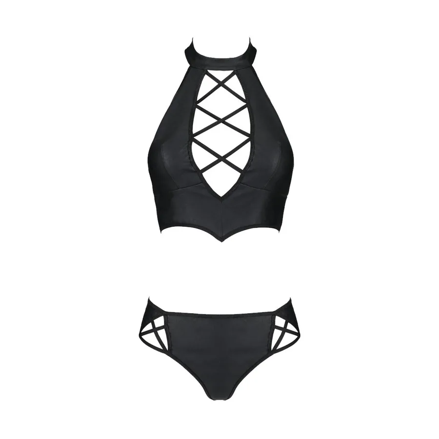 Комплект из экокожи Passion NANCY BIKINI 6XL/7XL black, бра и трусики с имитацией шнуровки