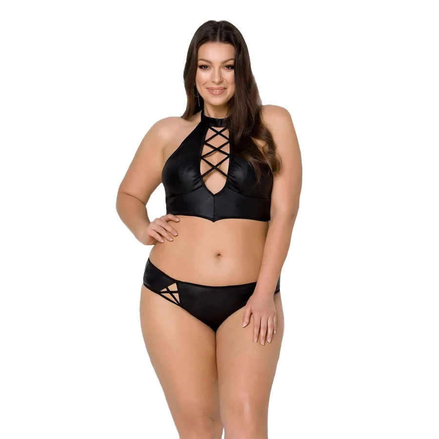Комплект из экокожи Passion NANCY BIKINI 6XL/7XL black, бра и трусики с имитацией шнуровки