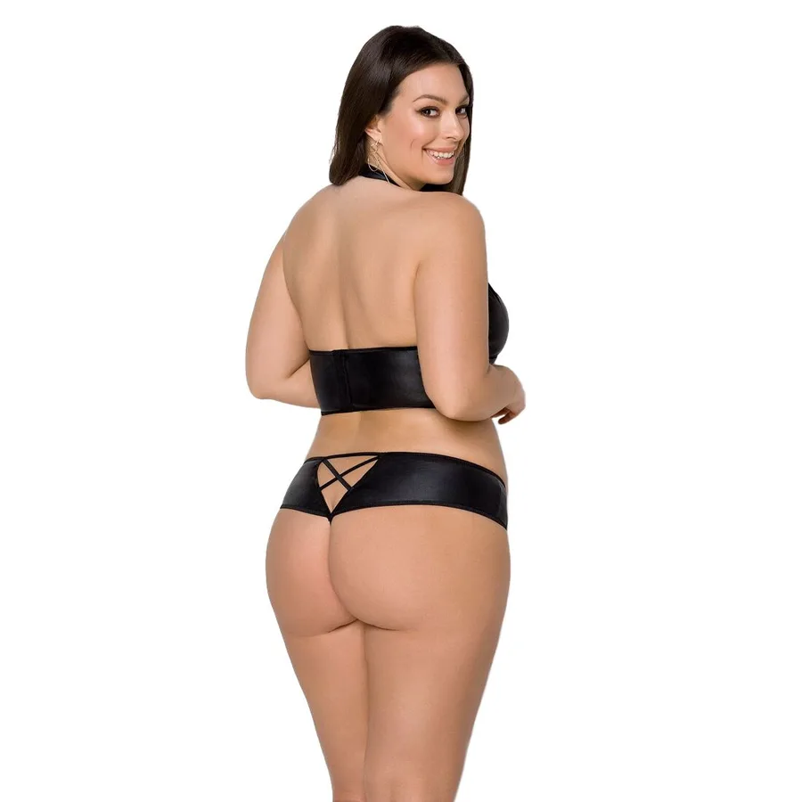 Комплект из экокожи Passion NANCY BIKINI 6XL/7XL black, бра и трусики с имитацией шнуровки