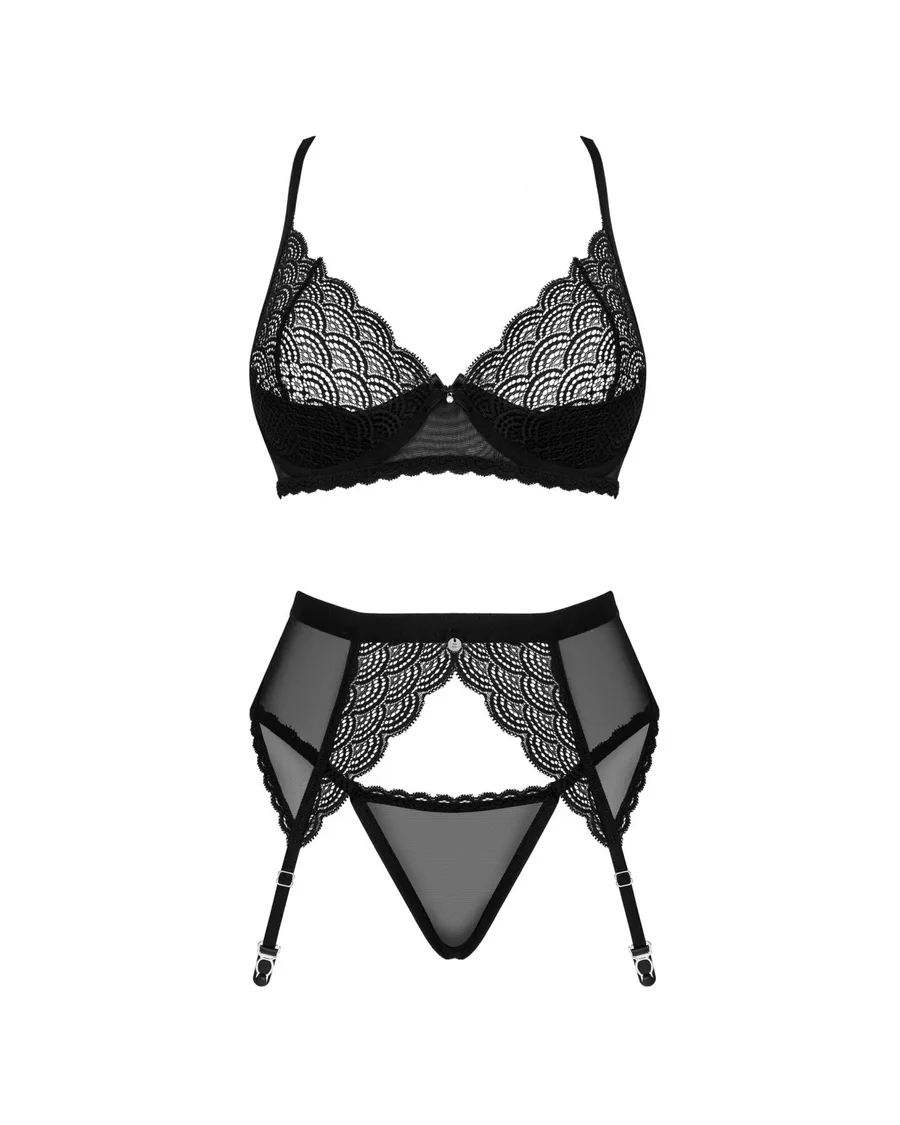 Комплект Obsessive Chemeris 3-pcs set XS/S, стрінги, пояс для панчіх, бюстгальтер