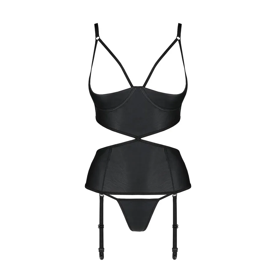 Корсет с открытой грудью Passion JANNIES CORSET L/XL black, стринги в наборе