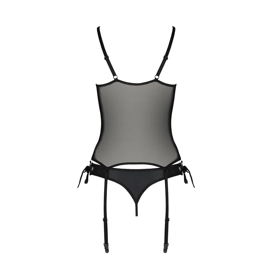 Корсет со шнуровкой Passion NESSY CORSET L/XL black, стринги с открытым доступом, пажи для чулок
