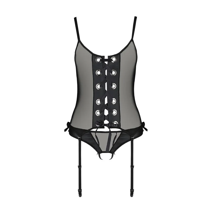 Корсет со шнуровкой Passion NESSY CORSET L/XL black, стринги с открытым доступом, пажи для чулок