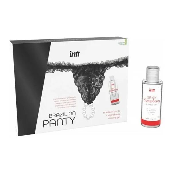 Набір Intt BRAZILIAN PANTY BLACK: трусики на резинці S-XL з перлинним кільцем + полунична змазка