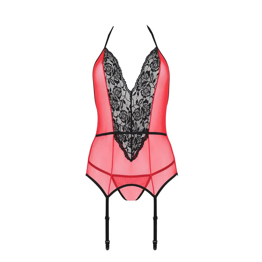 Корсет с пажами для чулок Passion PEONIA CORSET L/XL red, стринги