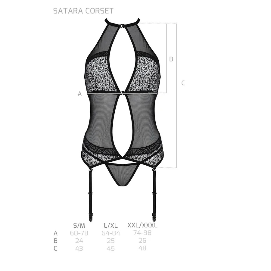 Корсет с пажами Passion SATARA CORSET S/M black, стринги, кружево, застежки спереди и сзади