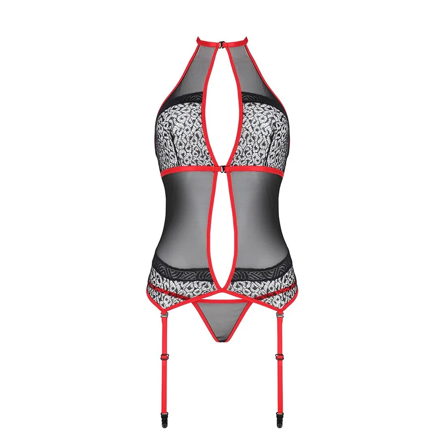 Корсет с пажами Passion SATARA CORSET L/XL red, стринги, кружево, застежки спереди и сзади