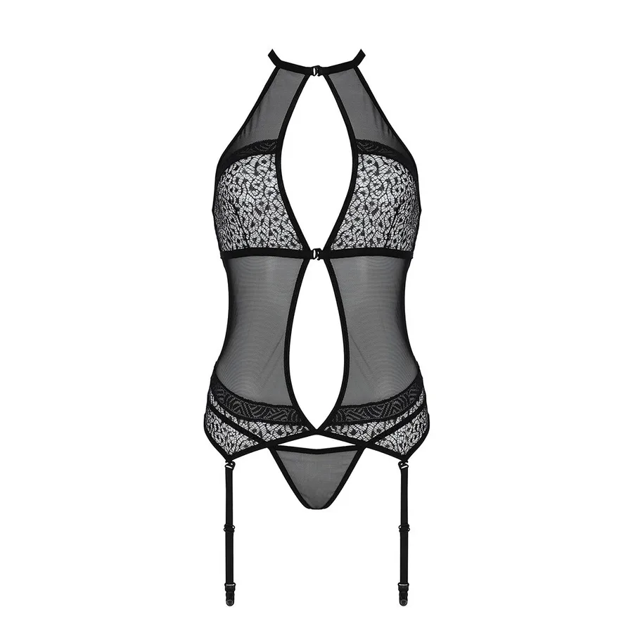 Корсет з пажами Passion SATARA CORSET XXL/XXXL black, стрінги, мереживо, застібки спереду та ззаду