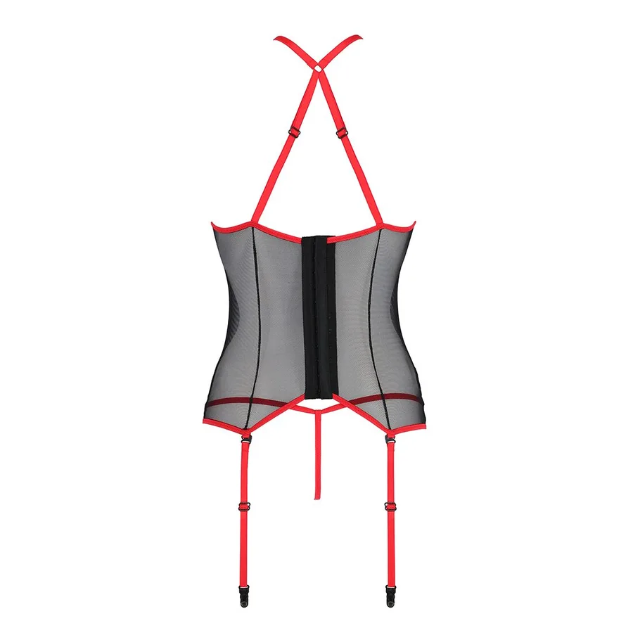 Корсет с пажами Passion SATARA CORSET S/M red, стринги, кружево, застежки спереди и сзади