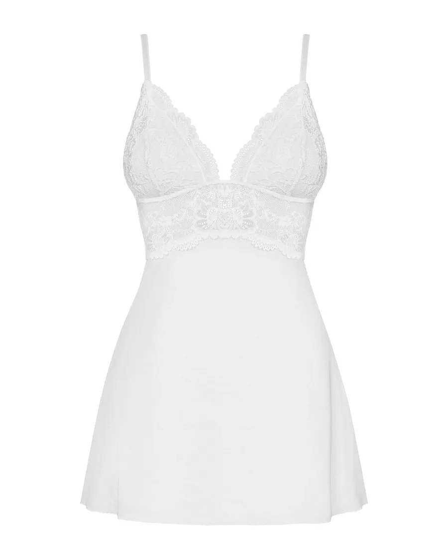 Сатиновый пеньюар с кружевом Obsessive 810-BAB-2 babydoll & thong S/M, белый, пеньюар, танга