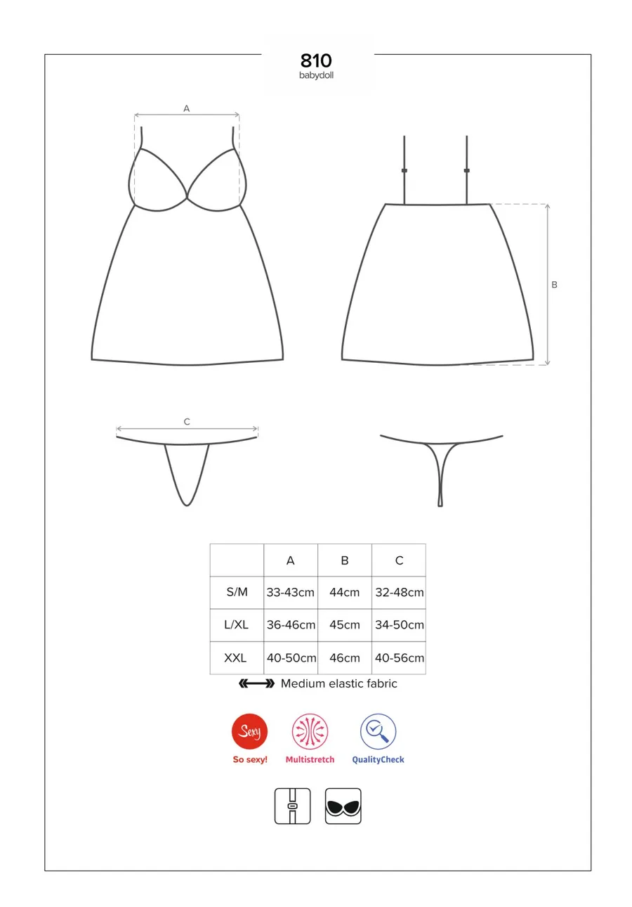 Сатиновый пеньюар с кружевом Obsessive 810-BAB-2 babydoll & thong S/M, белый, пеньюар, танга