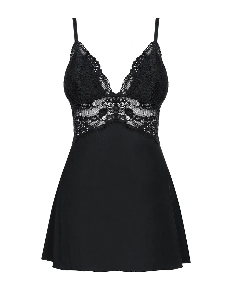Сатиновий пеньюар з мереживом Obsessive 810-BAB-1 babydoll & thong L/XL, чорний, пеньюар, танга