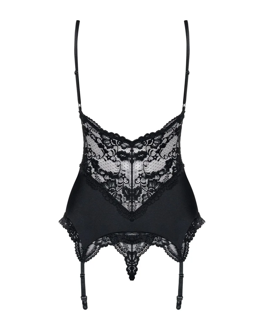 Сатиновый кружевной корсет Obsessive 810-COR-1 babydoll & thong S/M, черный, корсет, танга
