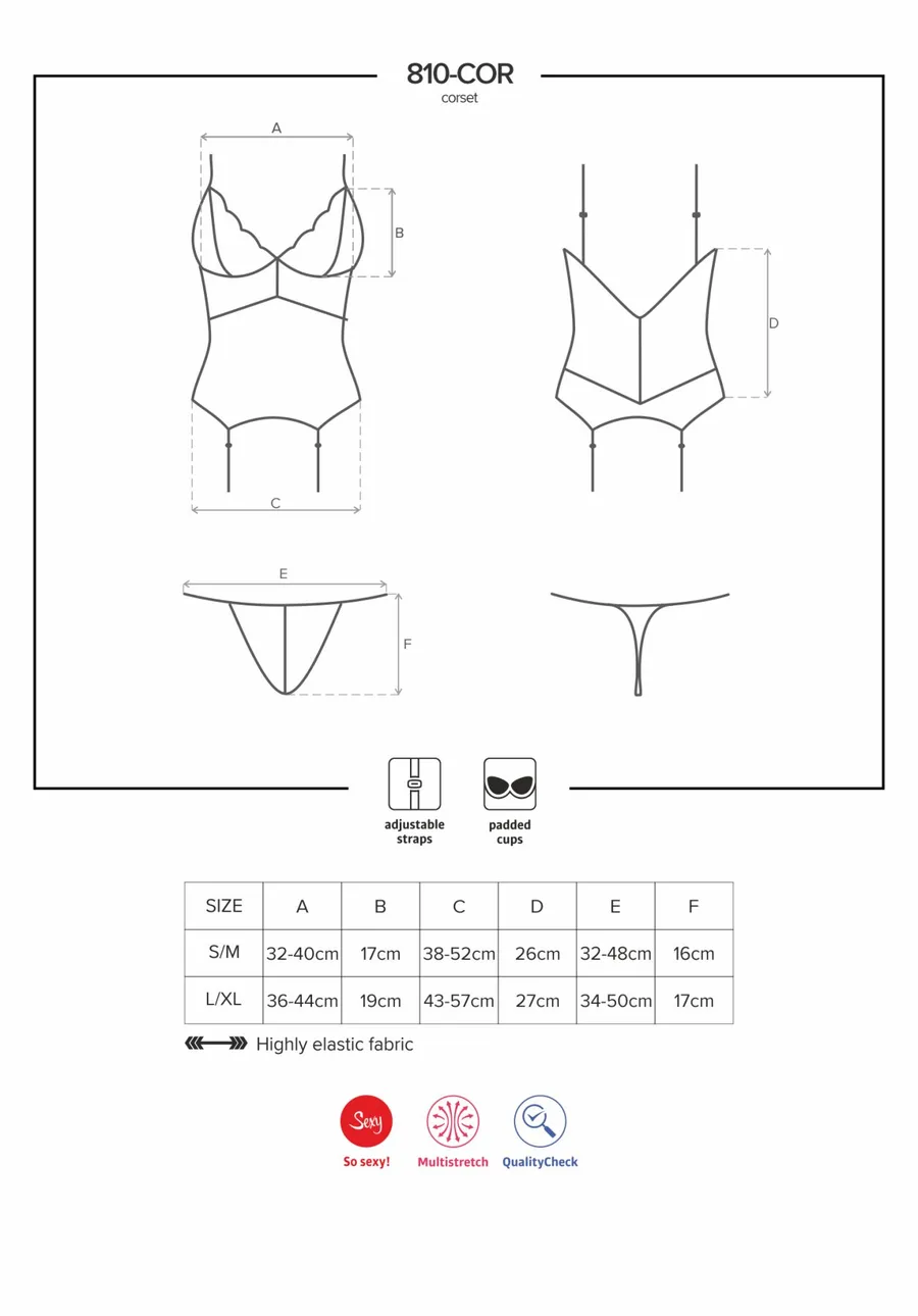 Сатиновый кружевной корсет Obsessive 810-COR-1 babydoll & thong S/M, черный, корсет, танга