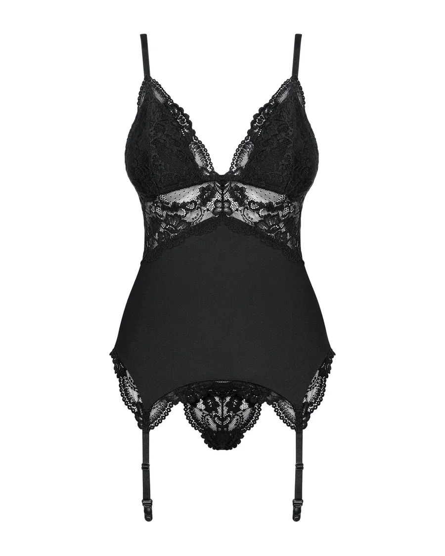 Сатиновый кружевной корсет Obsessive 810-COR-1 babydoll & thong S/M, черный, корсет, танга