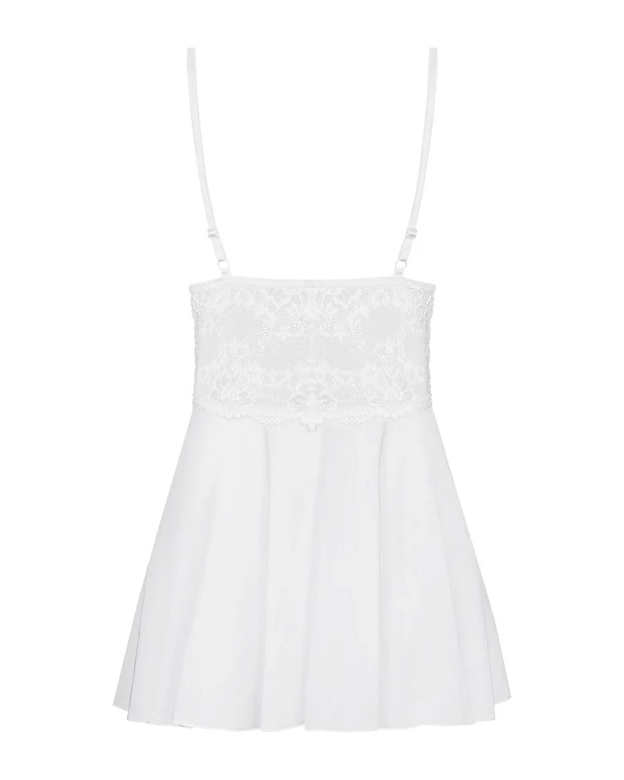 Сатиновый пеньюар с кружевом Obsessive 810-BAB-2 babydoll & thong L/XL, белый, пеньюар, танга
